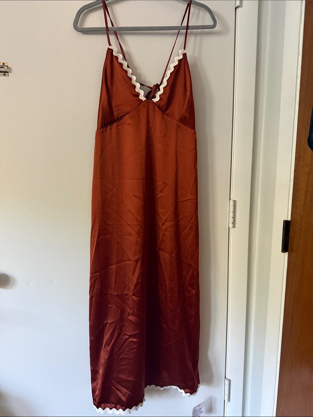NWT! Silky Rust Red Lace-Trim Slip Dress